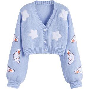 Women's Cartoon Pattern Cardigan Acrylic Long Sleeve V Neck Button Crop Top
